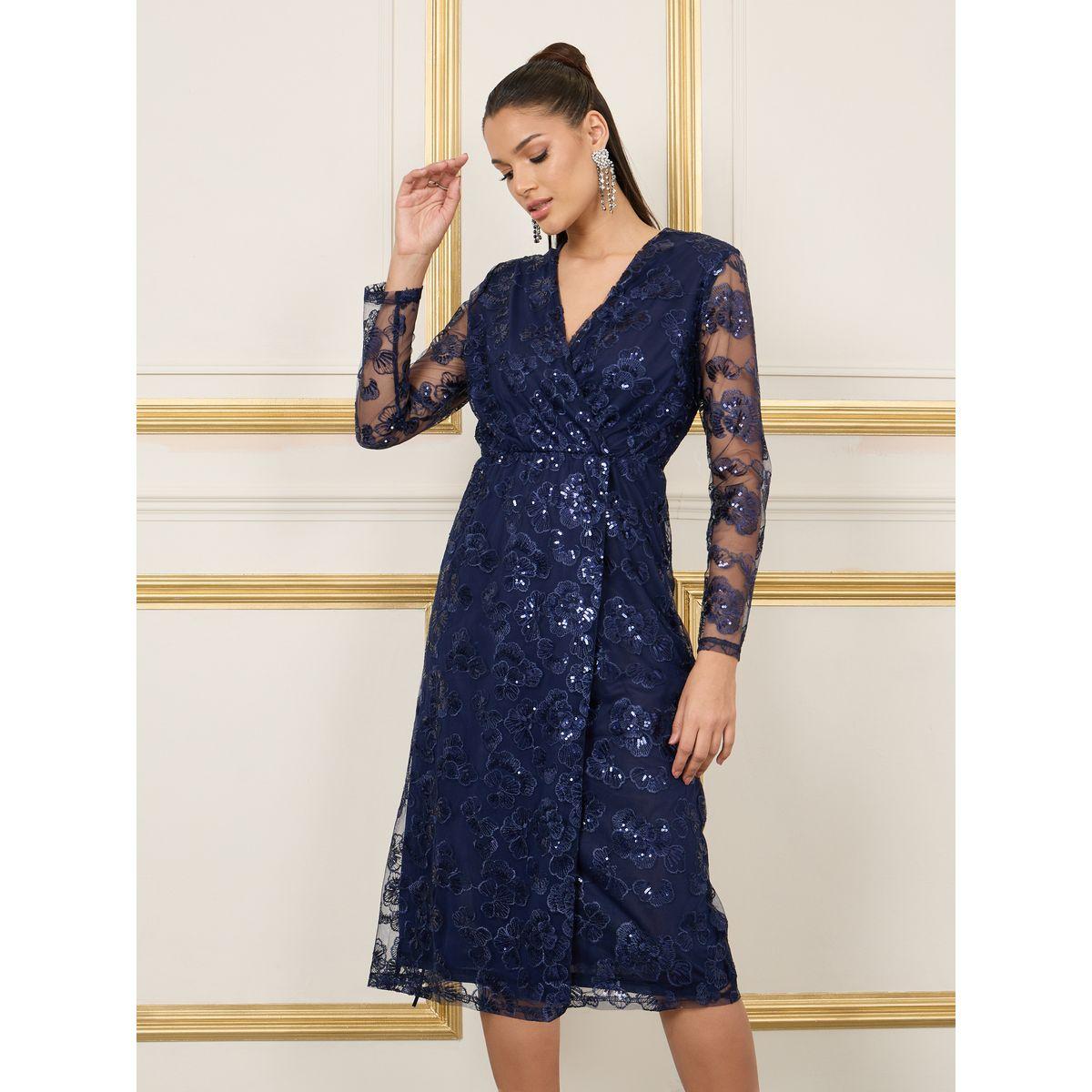 Styli Embroidered Sequin Detail Mesh Sleeves Midi Dress-women-clothing-dresses-image-2