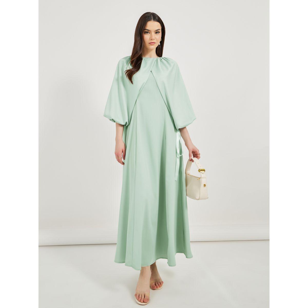 Styli Bow Tie Detail Cape Sleeve A-Line Maxi Dress-women-clothing-dresses-image-2