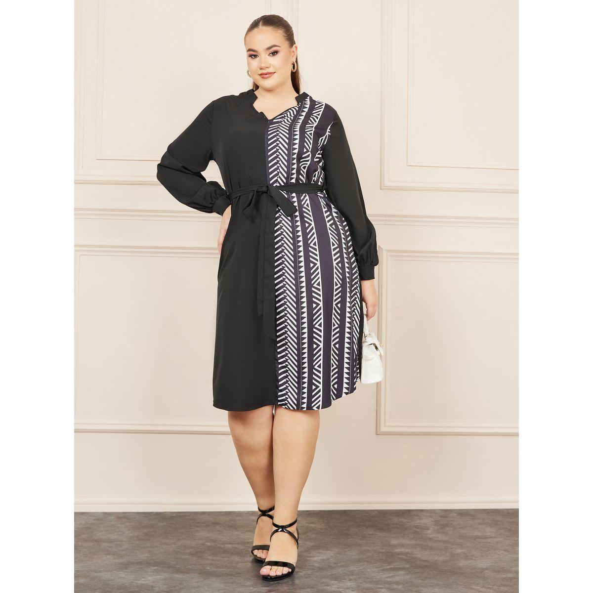 Styli Plus Aztec Print Notch Neck A-line Midi Dress with Self Tie Up-women-clothing-dresses-image-1