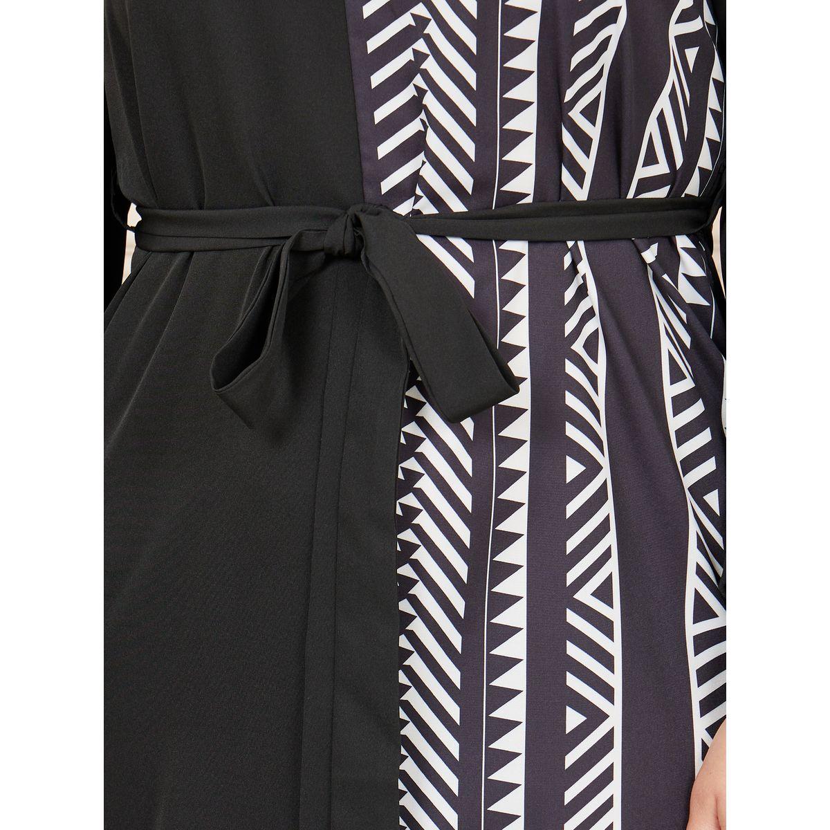 Styli Plus Aztec Print Notch Neck A-line Midi Dress with Self Tie Up-women-clothing-dresses-image-3