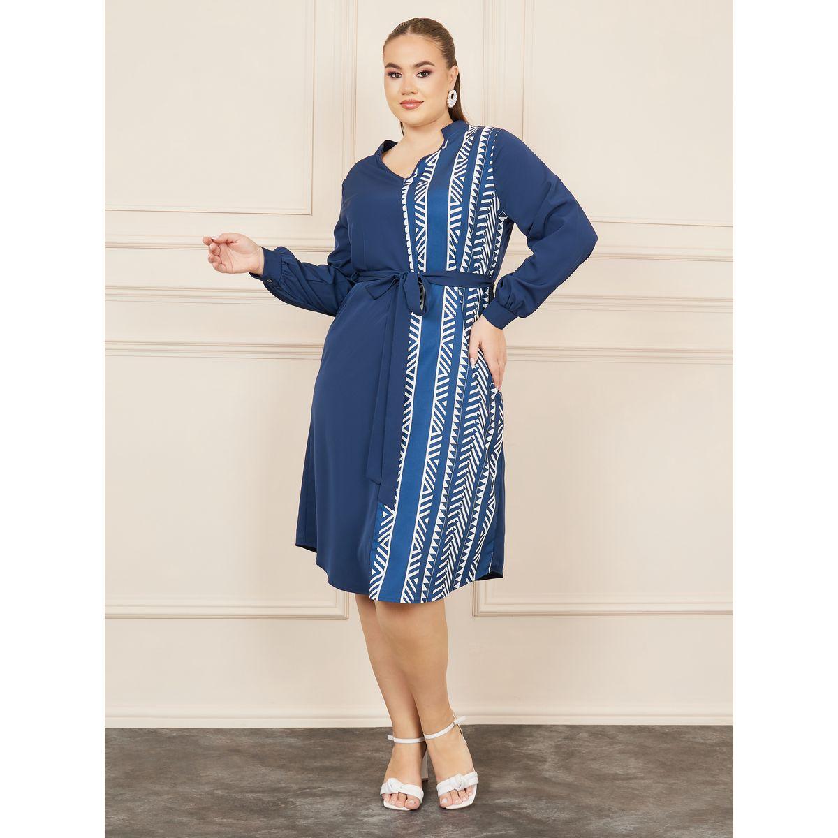 Styli Plus Aztec Print Notch Neck A-line Midi Dress with Self Tie Up-women-clothing-dresses-image-1