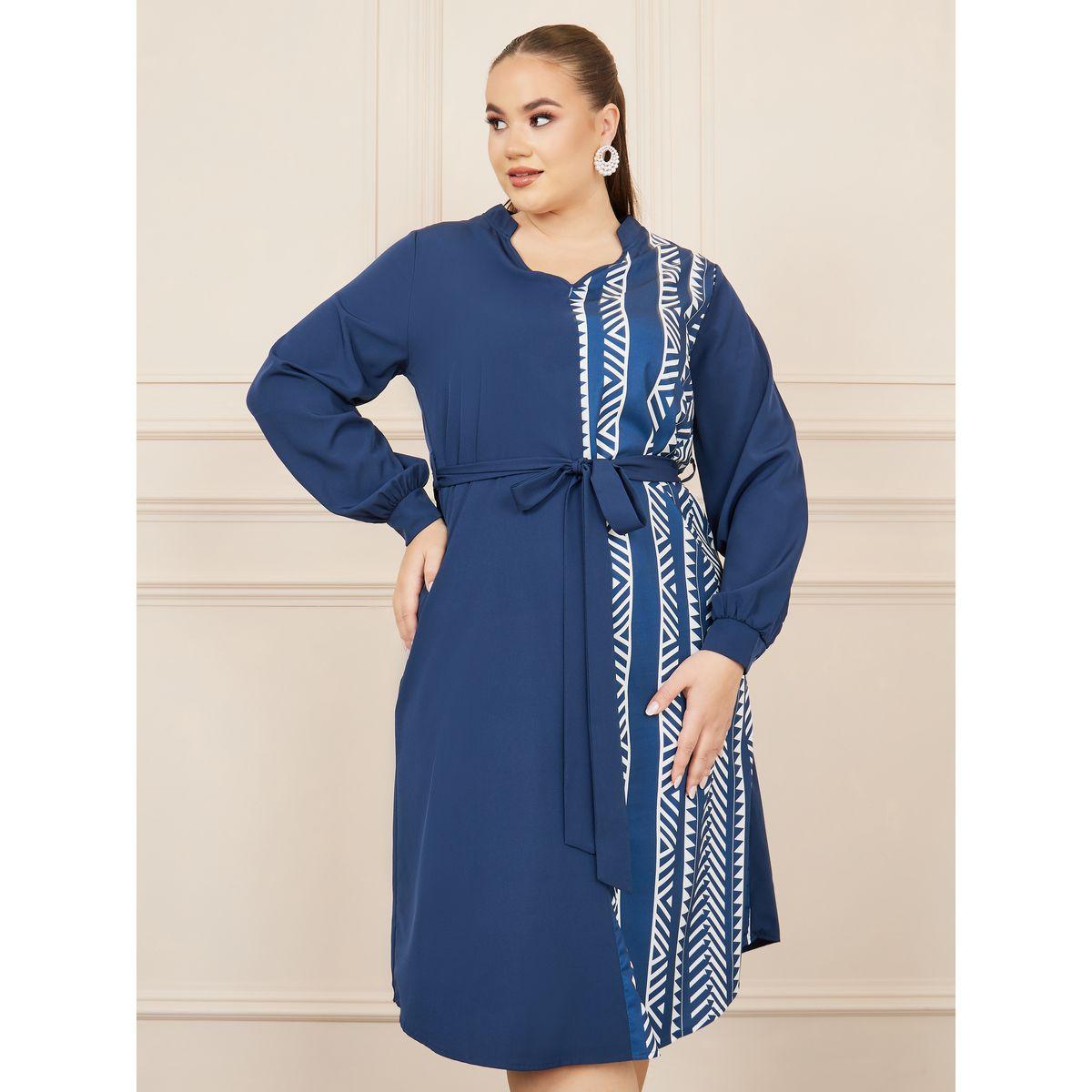 Styli Plus Aztec Print Notch Neck A-line Midi Dress with Self Tie Up-women-clothing-dresses-image-2