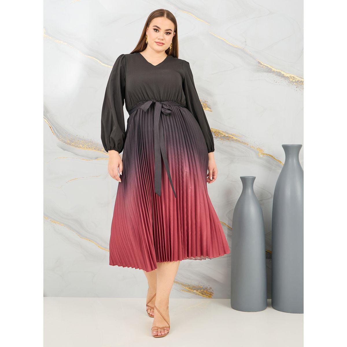Styli Plus Accordion Pleats Ombre Print A-Line Midi Dress-women-clothing-dresses-image-1