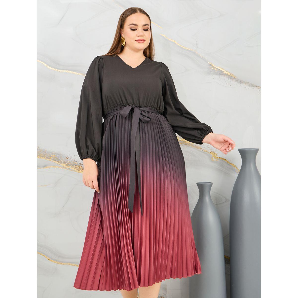 Styli Plus Accordion Pleats Ombre Print A-Line Midi Dress-women-clothing-dresses-image-2