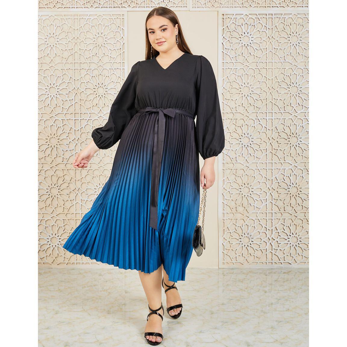 Styli Plus Colorblock Plisse Self Tie Up A-Line Midi Dress-women-clothing-dresses-image-1