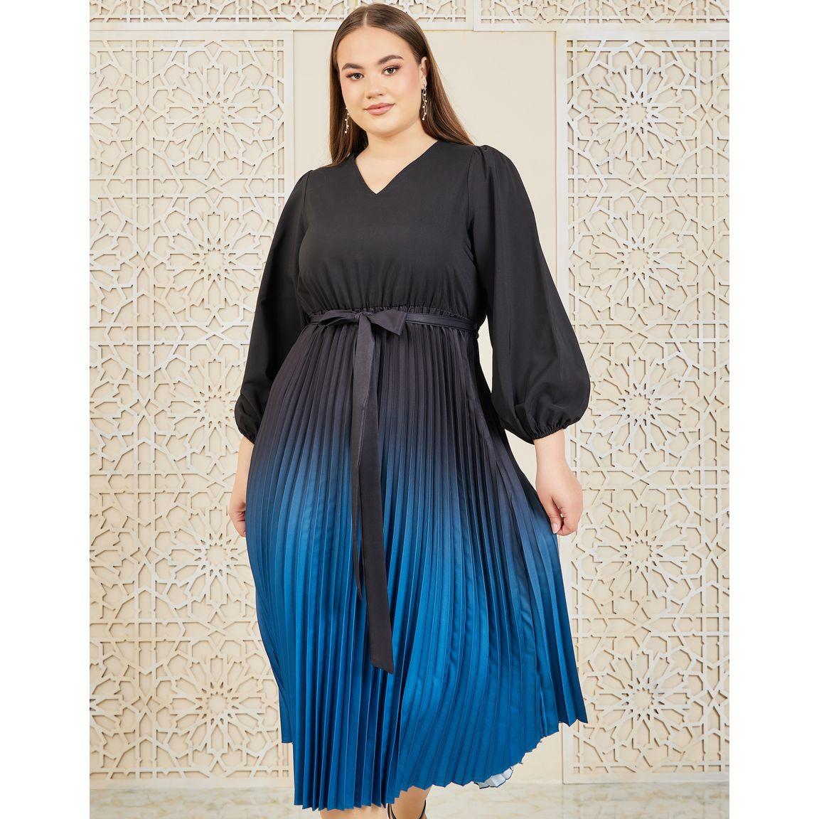 Styli Plus Colorblock Plisse Self Tie Up A-Line Midi Dress-women-clothing-dresses-image-2