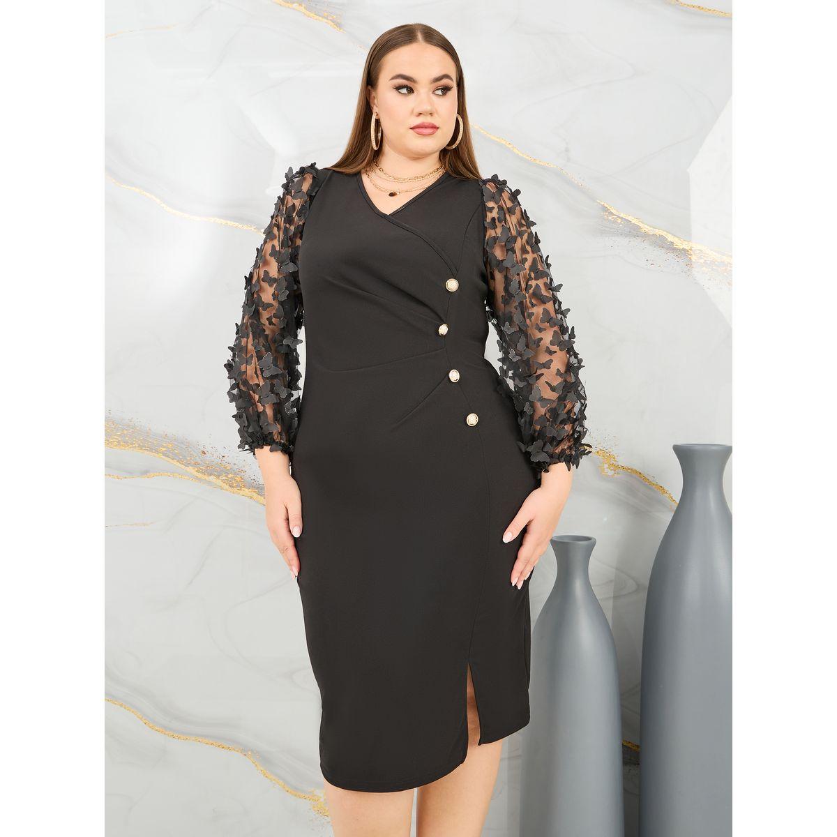 Styli Plus Butterfly Applique Sheer Sleeves Button Detail Bodycon Midi Dress-women-clothing-dresses-image-1