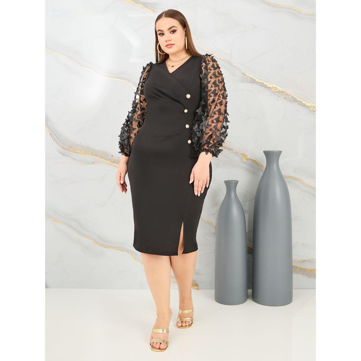 Styli Plus Butterfly Applique Sheer Sleeves Button Detail Bodycon Midi Dress-women-clothing-dresses-image-2