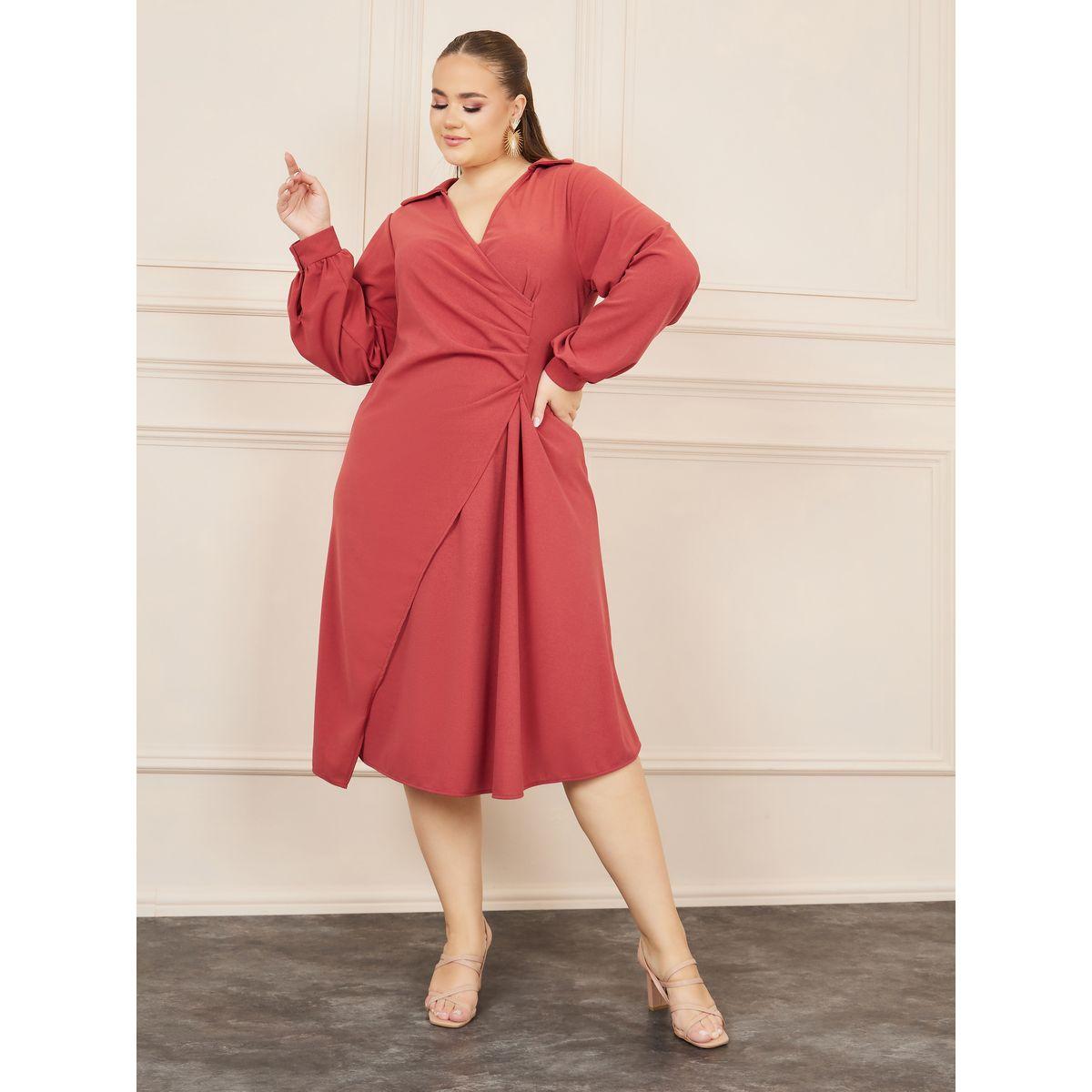 Styli Plus Pleated Collared A-line Midi Dress-women-clothing-dresses-image-1