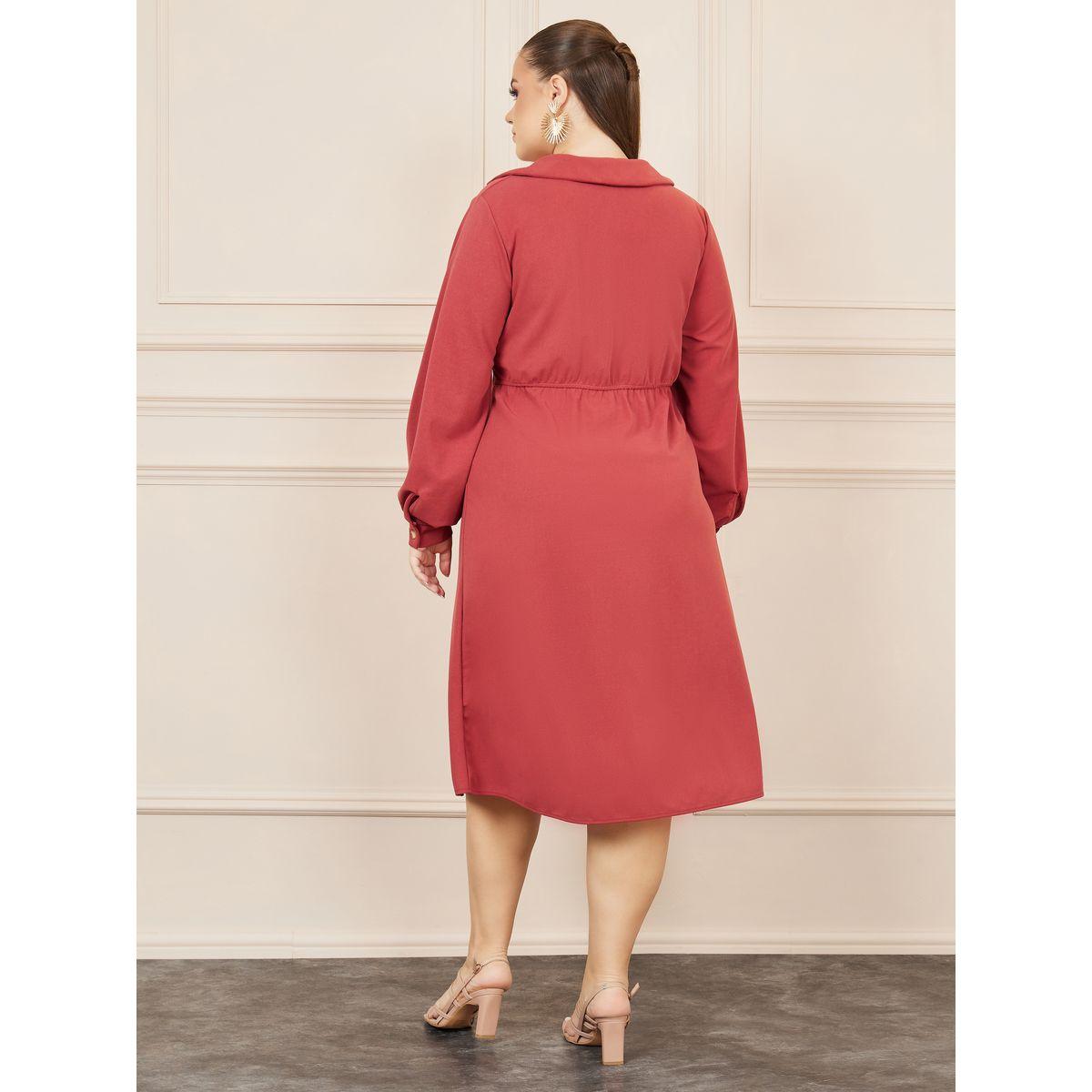 Styli Plus Pleated Collared A-line Midi Dress-women-clothing-dresses-image-4