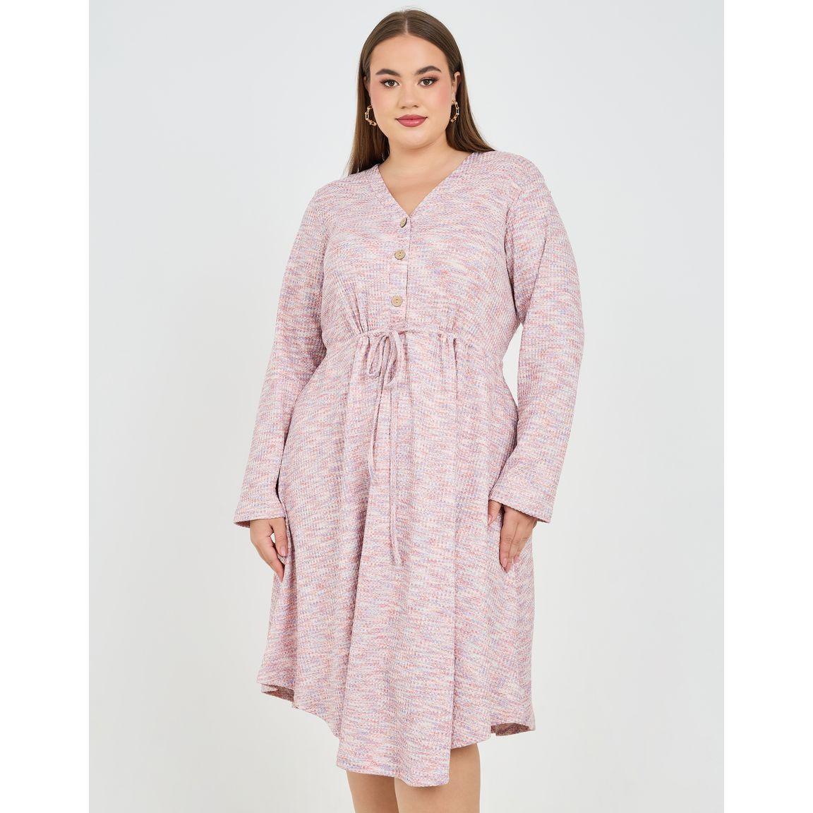 Styli Plus Tweed Front Button A-Line Midi Dress with Self Tie Up-women-clothing-dresses-image-1