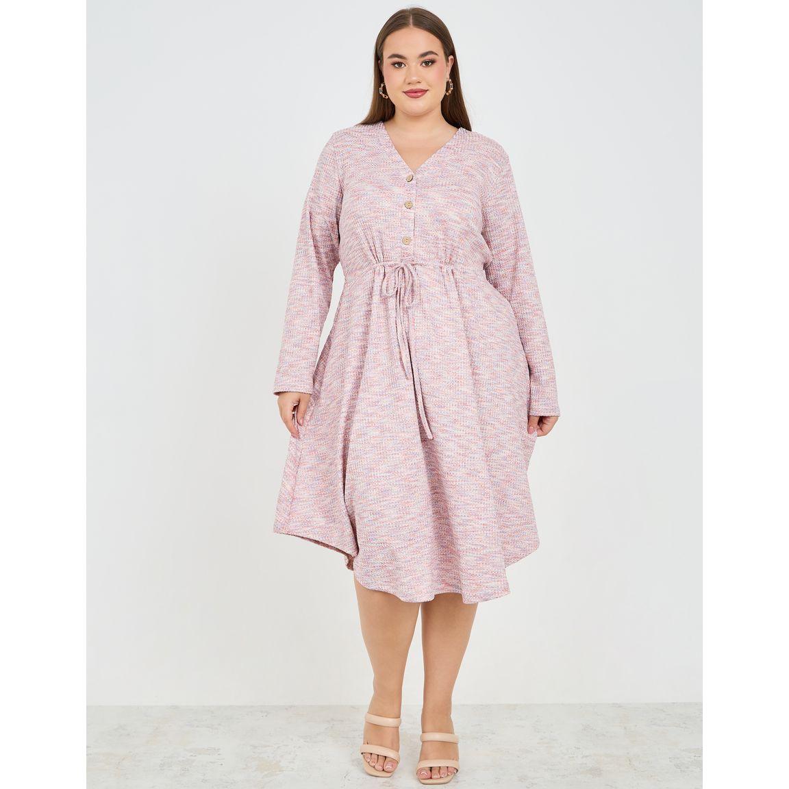 Styli Plus Tweed Front Button A-Line Midi Dress with Self Tie Up-women-clothing-dresses-image-2