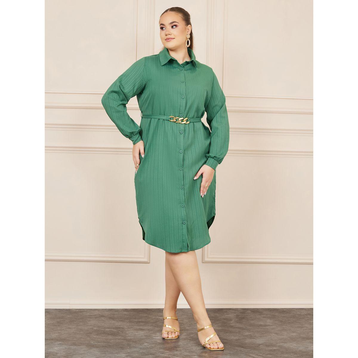 Styli Plus Textured Chain Accent Belted Shirt Midi Dress-women-clothing-dresses-image-1