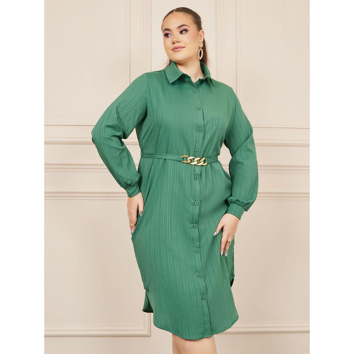 Styli Plus Textured Chain Accent Belted Shirt Midi Dress-women-clothing-dresses-image-2