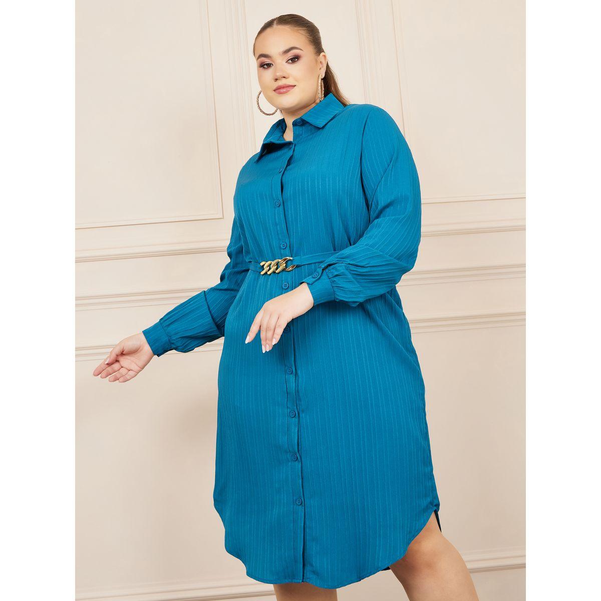 Styli Plus Textured Chain Accent Belted Shirt Midi Dress-women-clothing-dresses-image-1