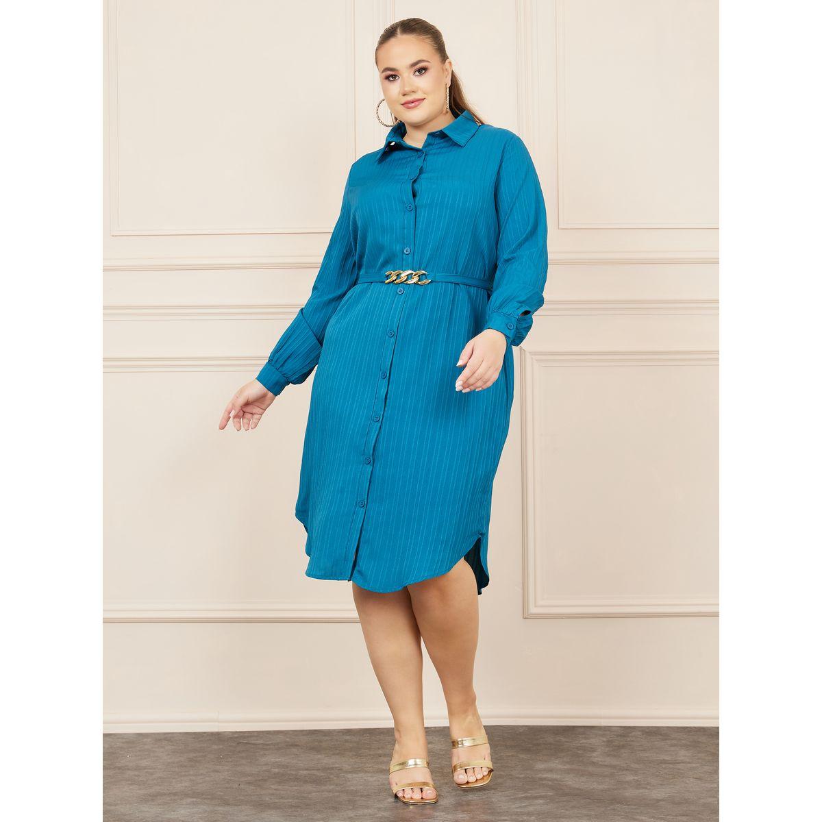 Styli Plus Textured Chain Accent Belted Shirt Midi Dress-women-clothing-dresses-image-2