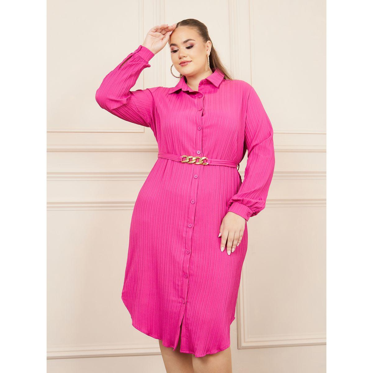 Styli Plus Textured Chain Accent Belted Shirt Midi Dress-women-clothing-dresses-image-1