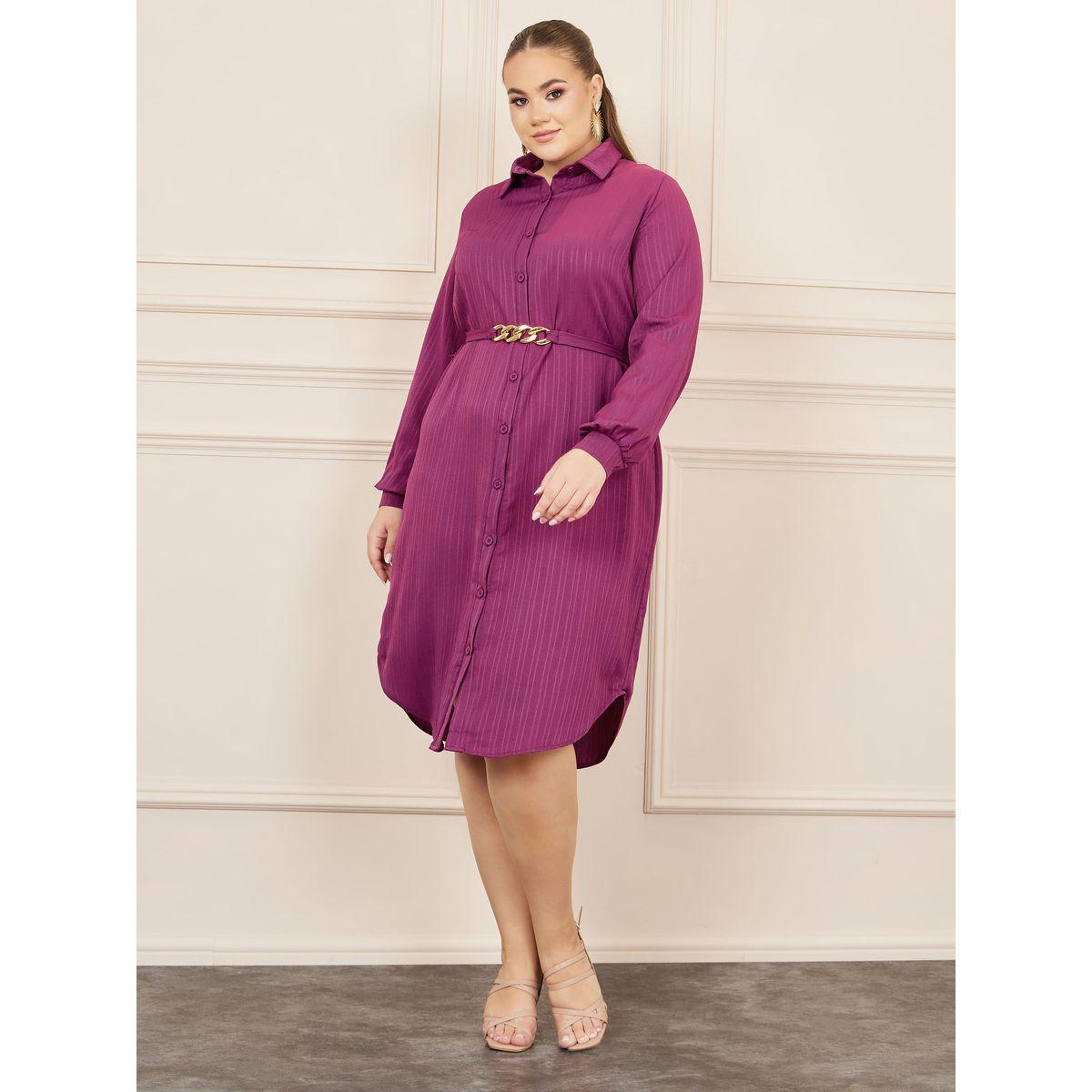 Styli Plus Textured Chain Accent Belted Shirt Midi Dress-women-clothing-dresses-image-1