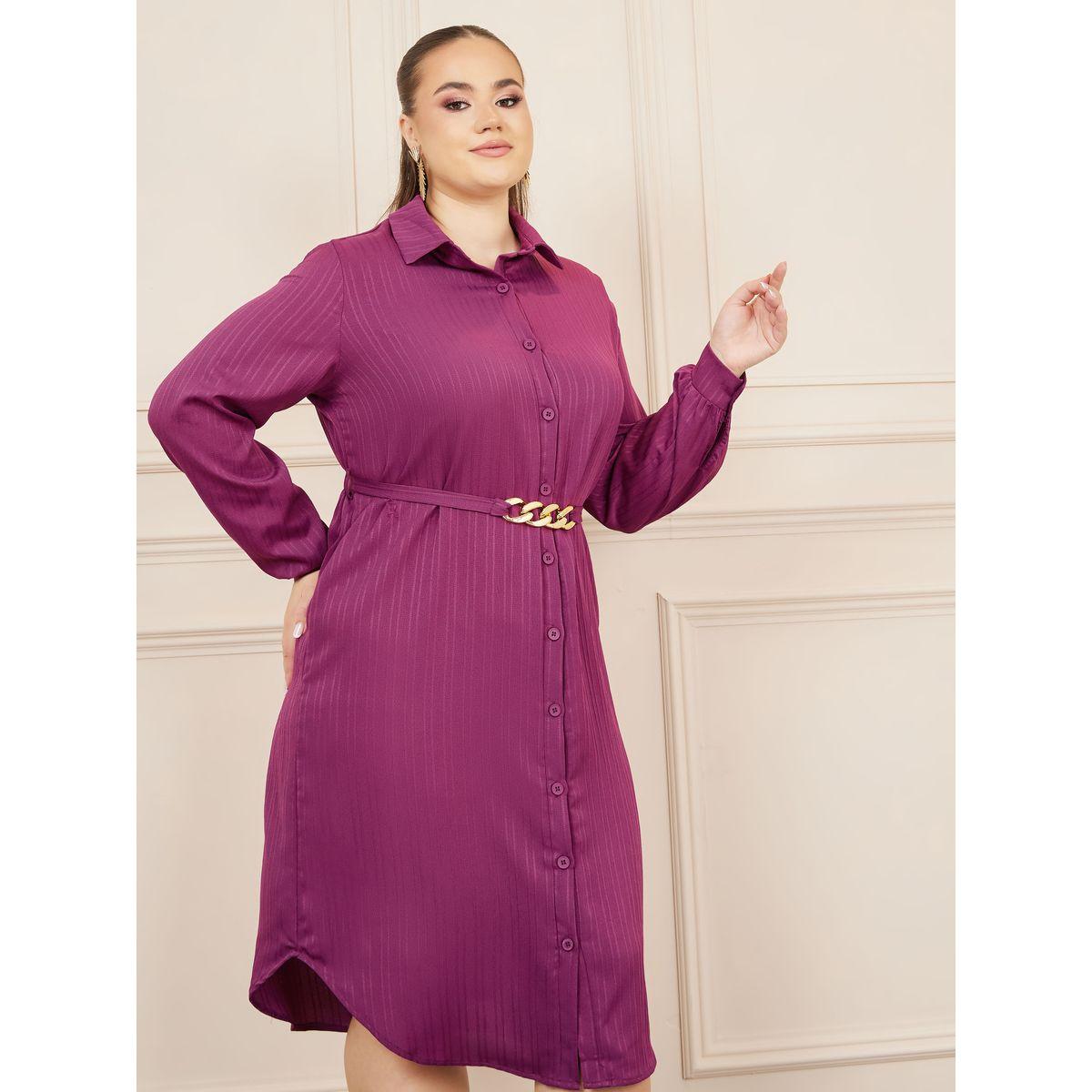 Styli Plus Textured Chain Accent Belted Shirt Midi Dress-women-clothing-dresses-image-2