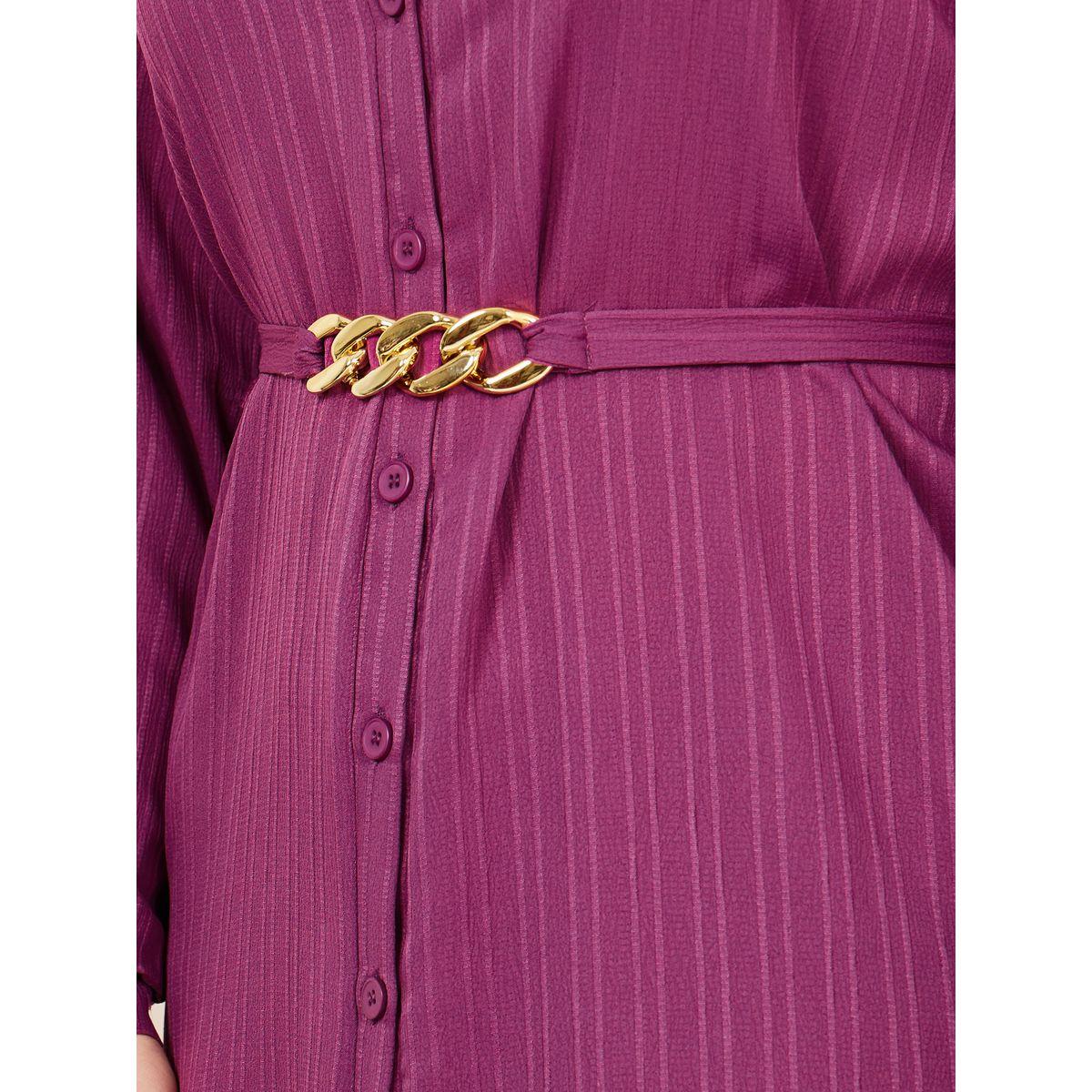 Styli Plus Textured Chain Accent Belted Shirt Midi Dress-women-clothing-dresses-image-3