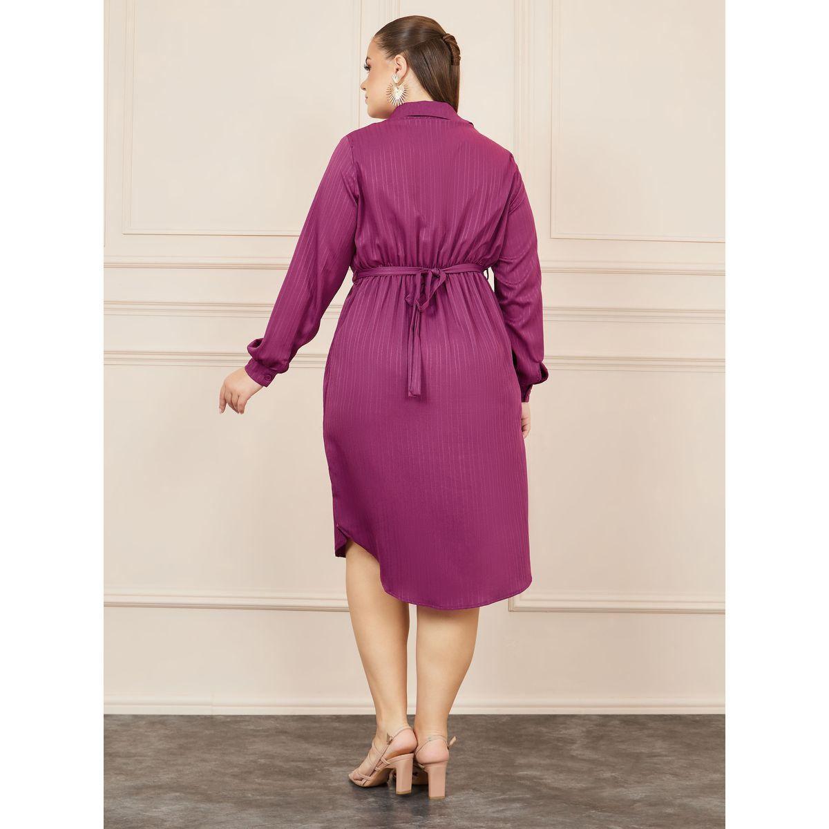 Styli Plus Textured Chain Accent Belted Shirt Midi Dress-women-clothing-dresses-image-4
