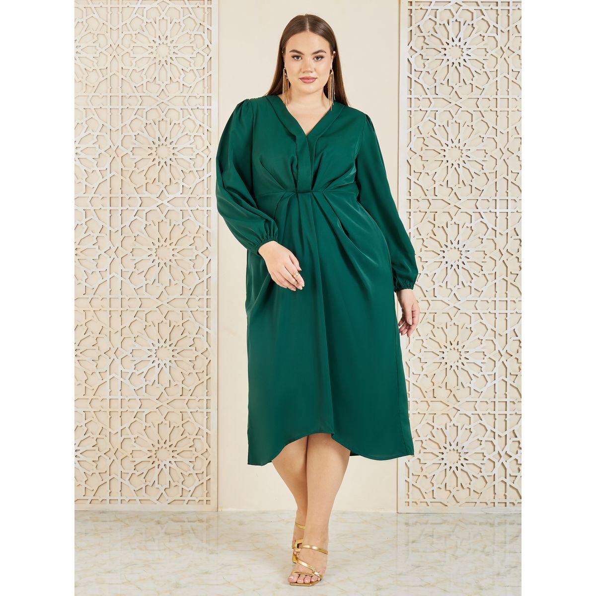 Styli Plus Pleated V Neck A-line Midi Dress-women-clothing-dresses-image-1