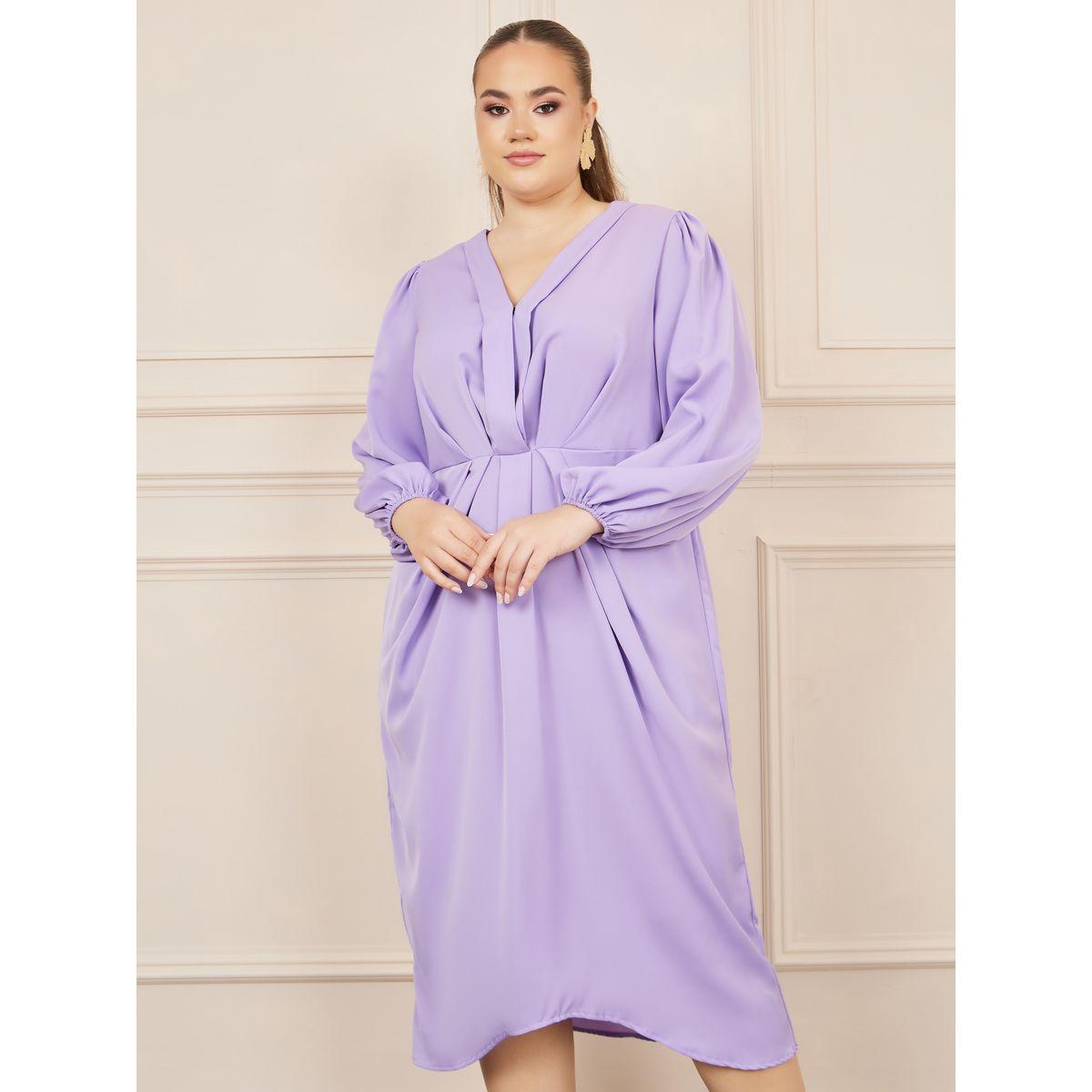 Styli Plus Pleated V Neck A-line Midi Dress-women-clothing-dresses-image-2
