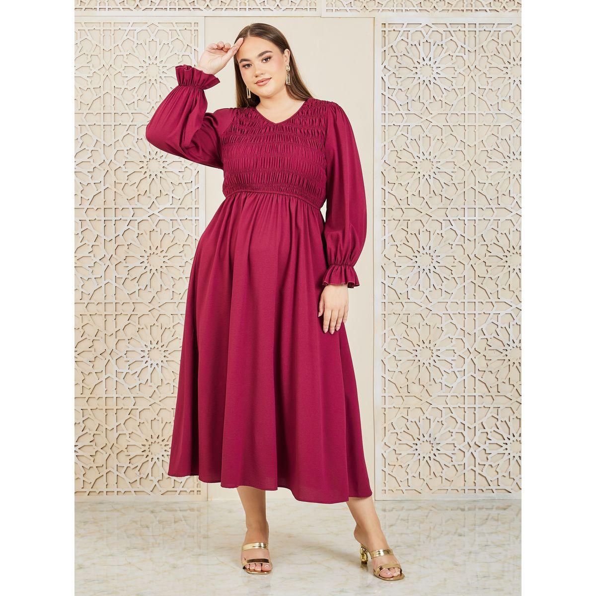 Styli Plus Shirred Detail A-Line Maxi Dress-women-clothing-dresses-image-1