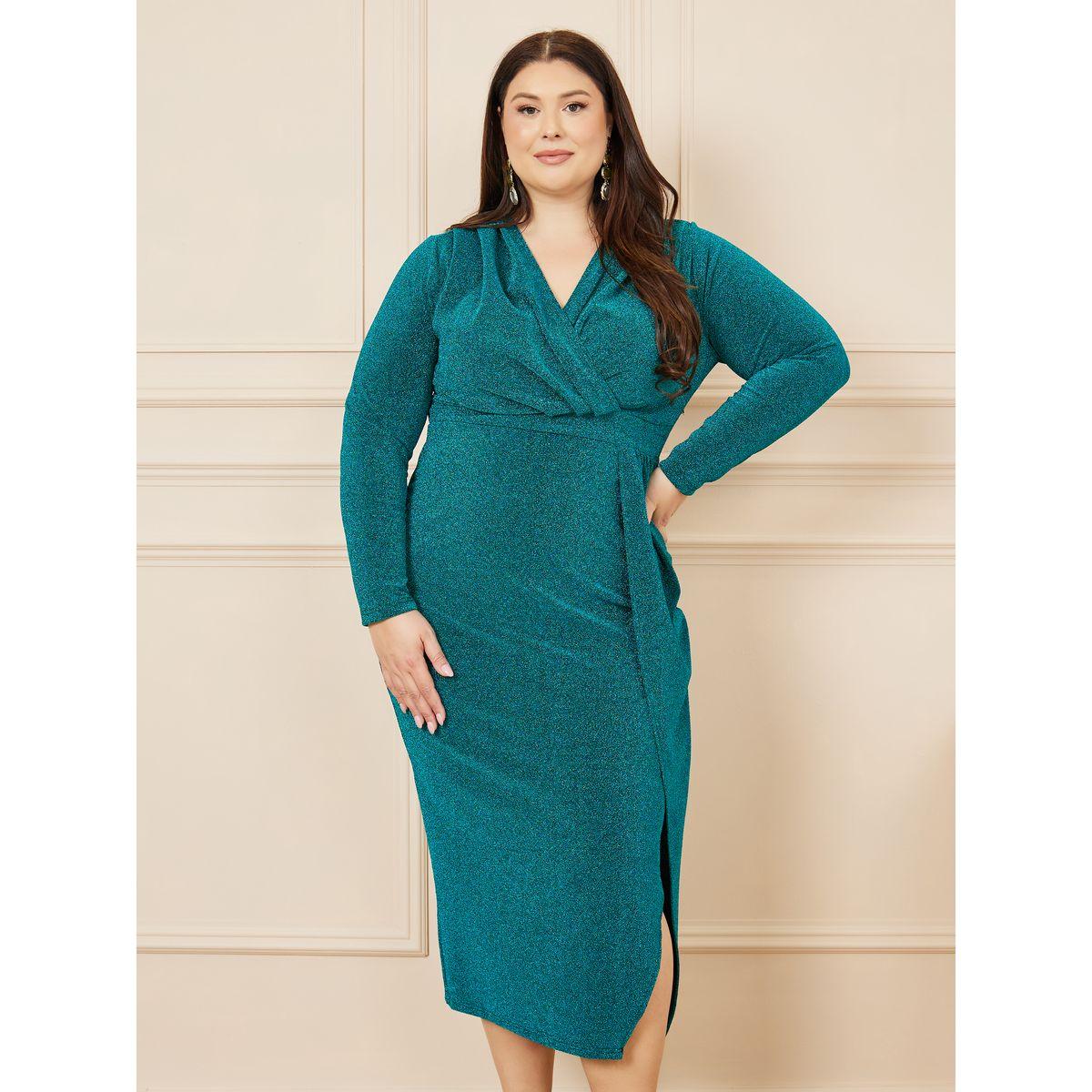 Styli Plus Shimmer V Neck Bodycon Midi Dress-women-clothing-dresses-image-1