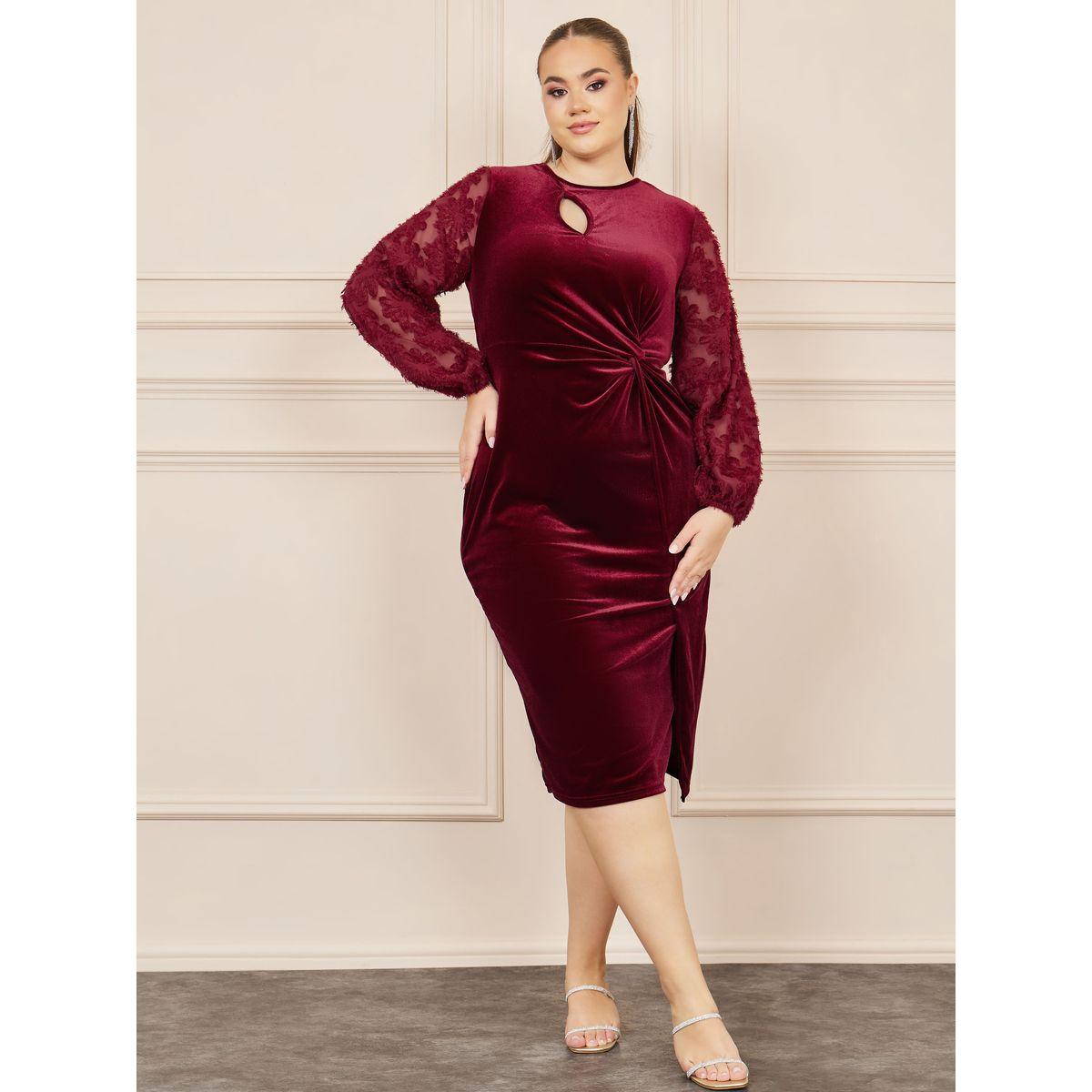 فستان ميدي بديكون مخمل بمقاس كبير مع دانتيل-women-clothing-dresses-image-1