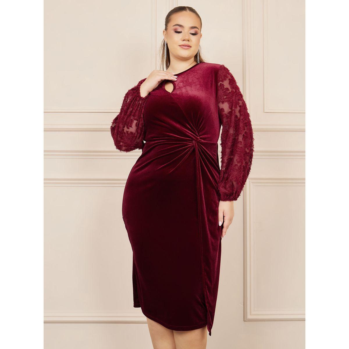 Styli Plus Lace Sleeves Velvet Twist Detail Bodycon Midi Dress-women-clothing-dresses-image-2