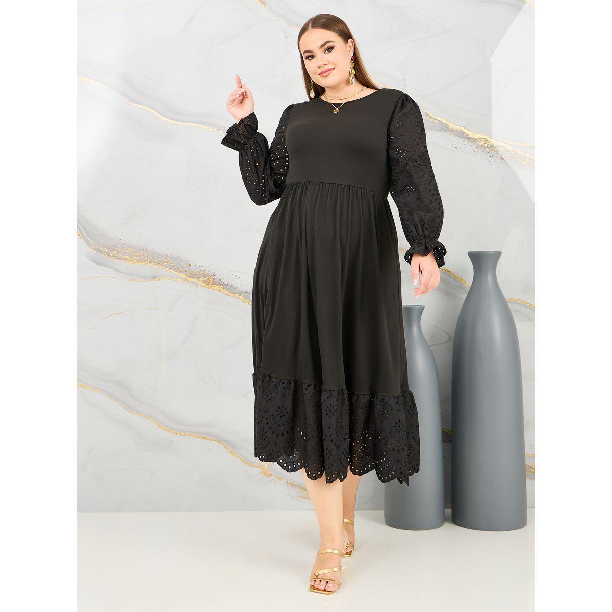 Styli Plus Schiffli Detail A-Line Midi Dress-women-clothing-dresses-image-1