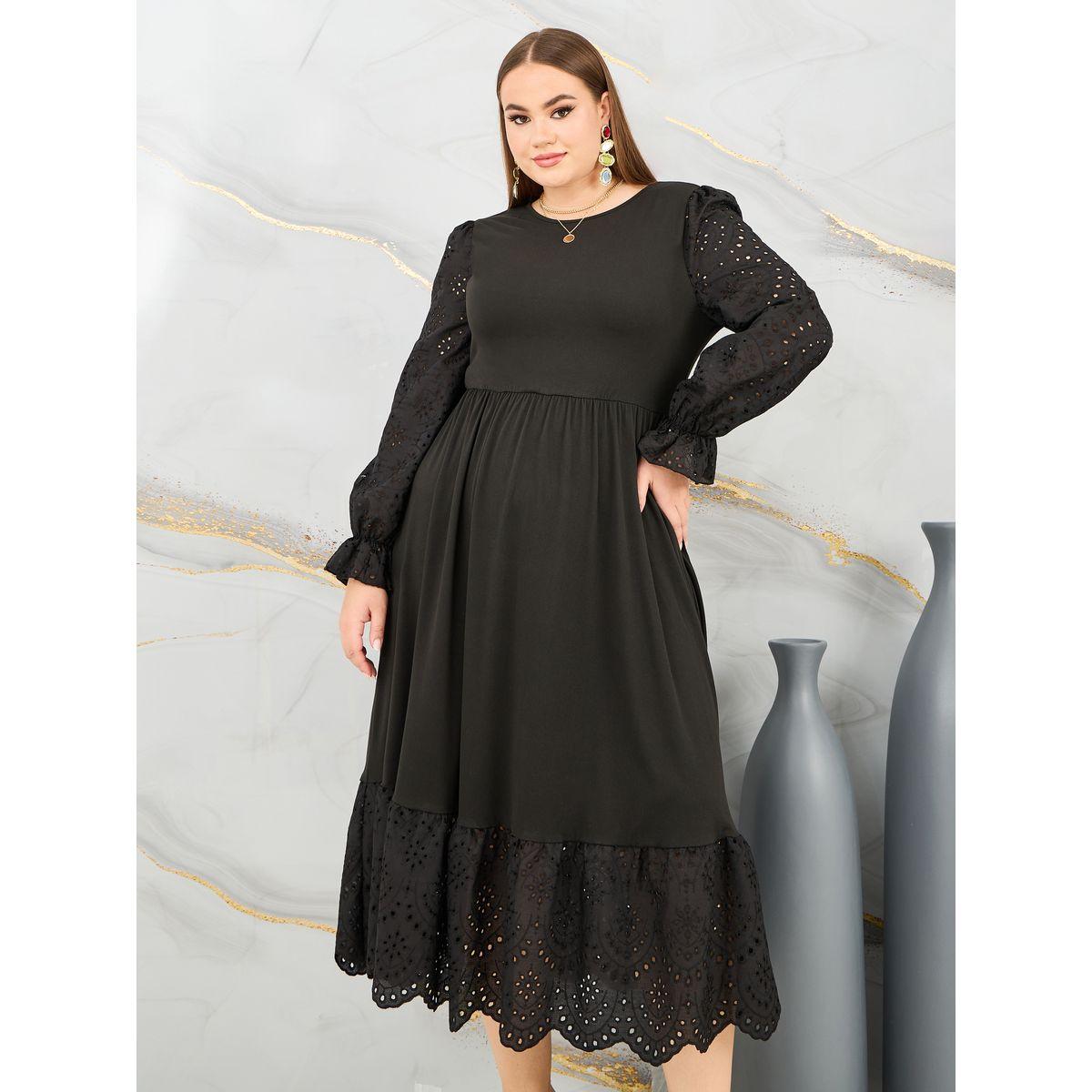 Styli Plus Schiffli Detail A-Line Midi Dress-women-clothing-dresses-image-2