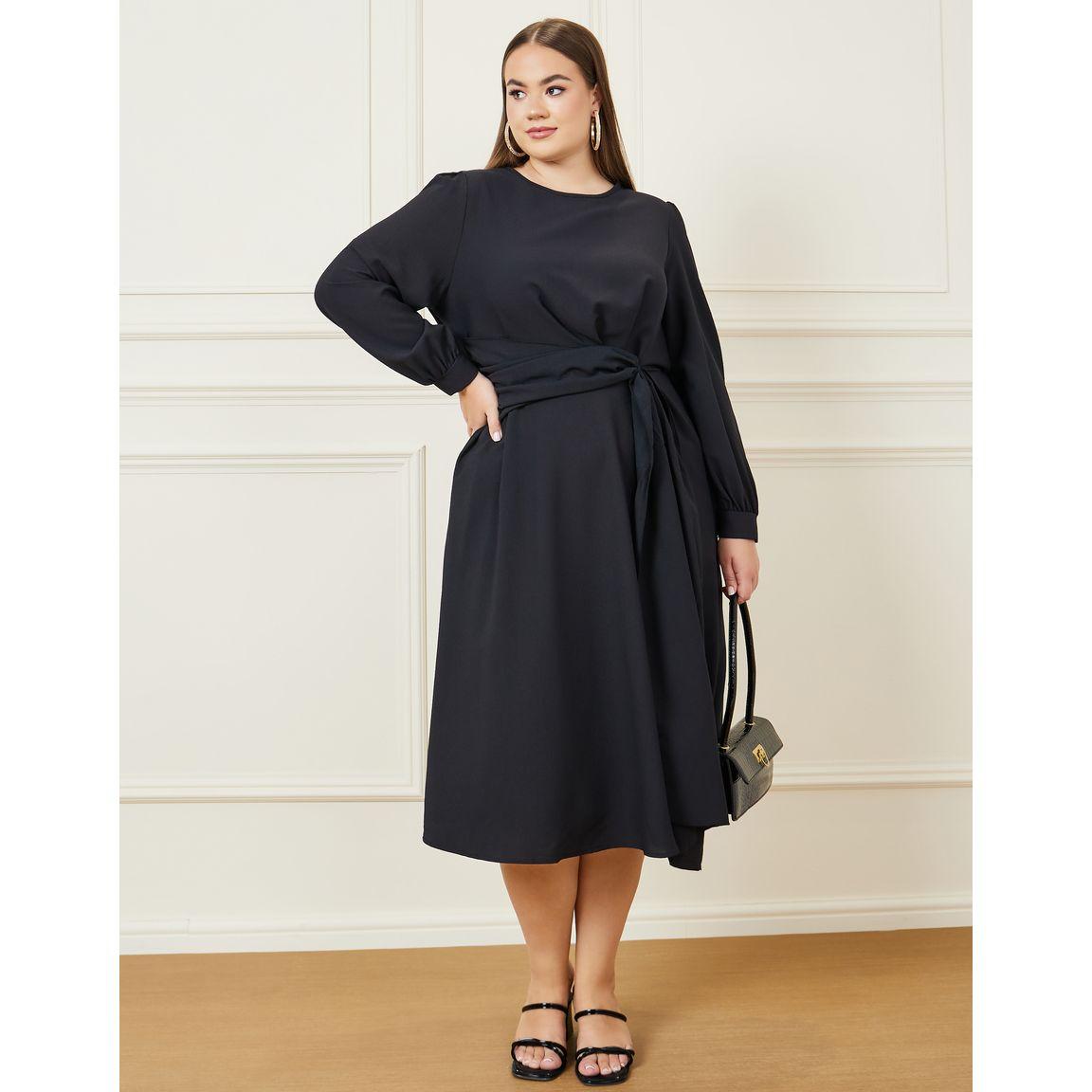 Styli Plus Front Tie Detail A-line Midi Dress-women-clothing-dresses-image-1