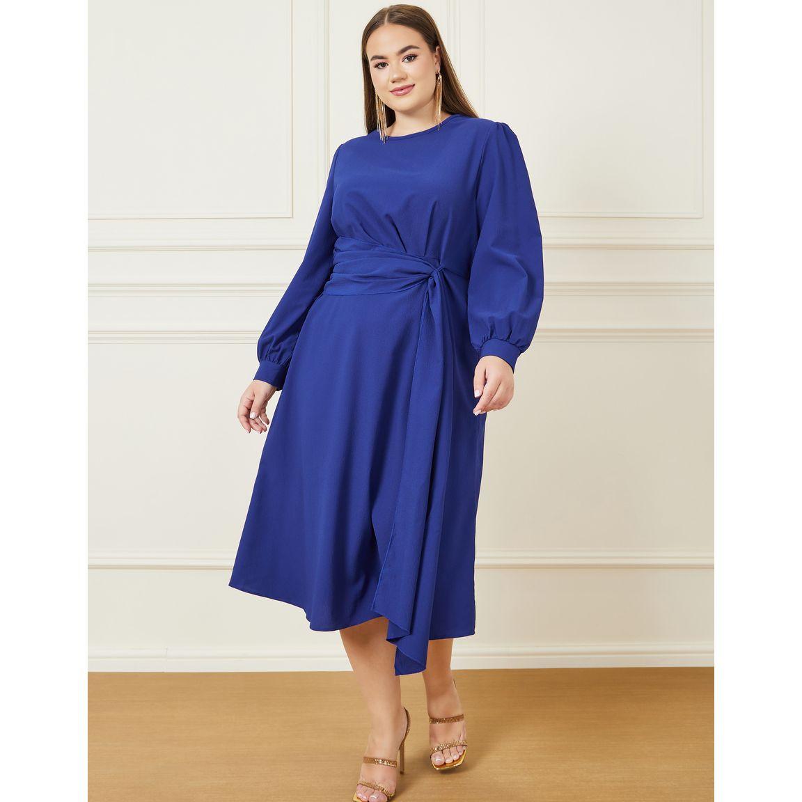 Styli Plus Front Tie Detail A-line Midi Dress-women-clothing-dresses-image-1