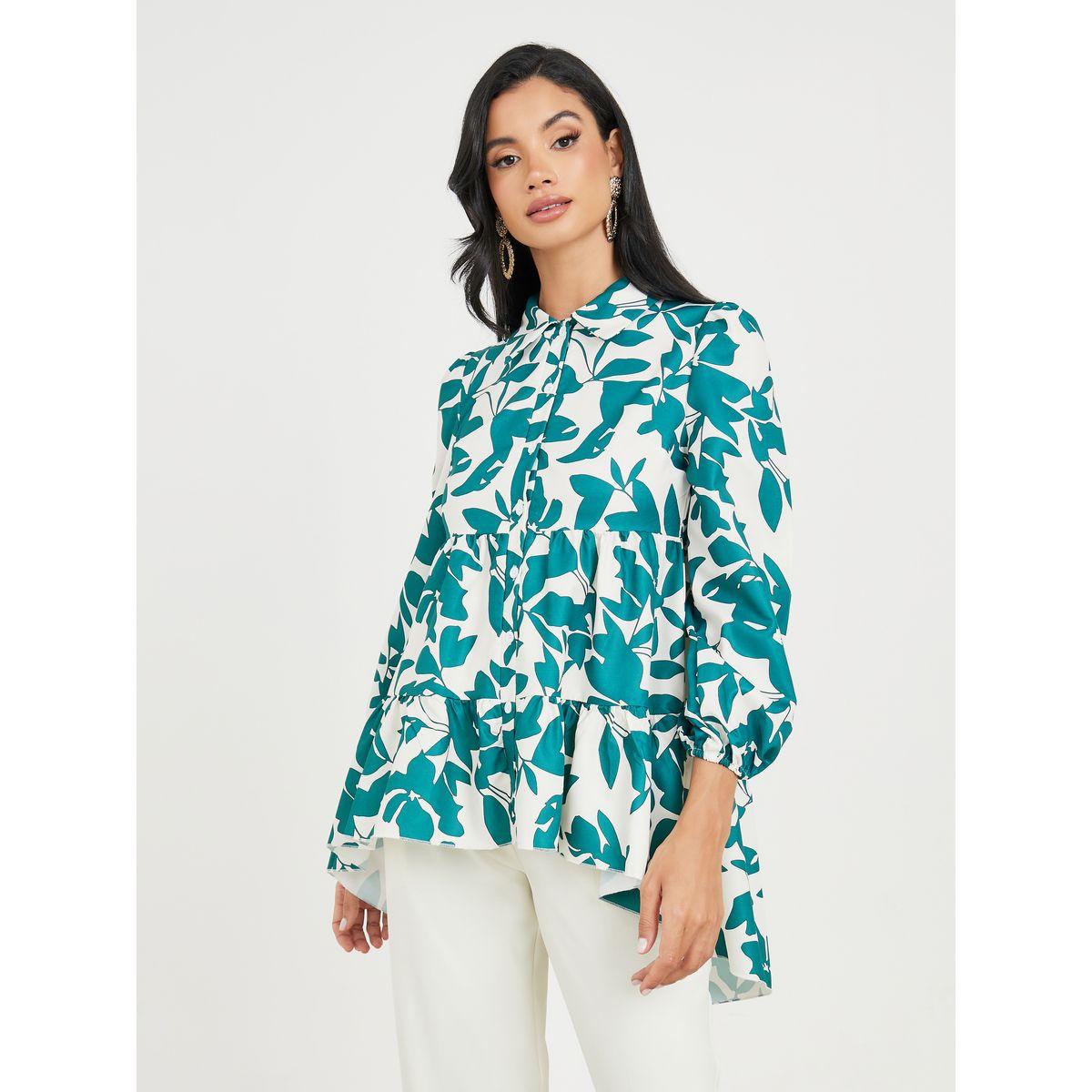 Styli Floral Print Tiered High Low Hem Shirt-women-clothing-shirtsandblouses-shirts-image-1
