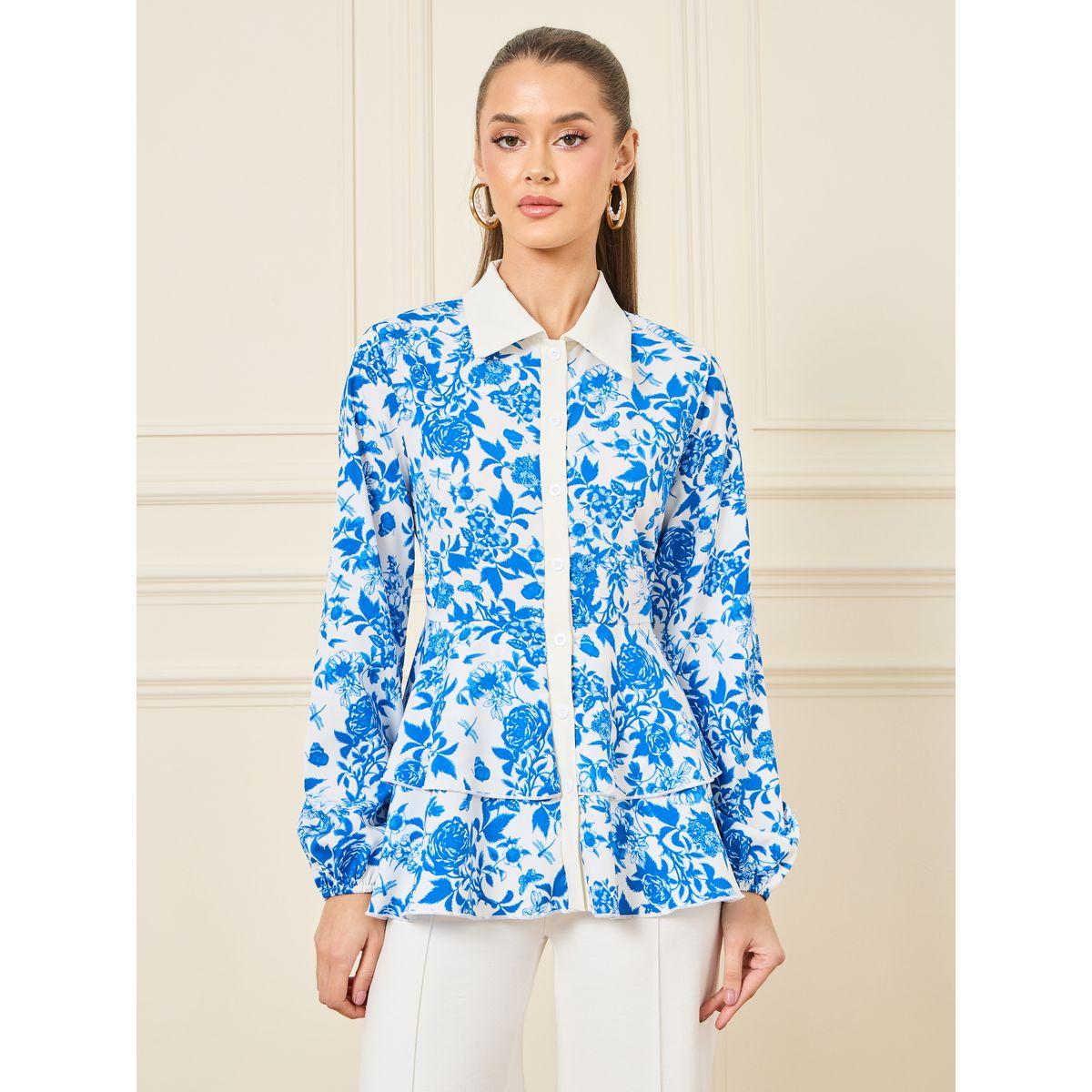 Styli All Over Floral Print Shirt with Contrast Button Placket-women-clothing-shirtsandblouses-shirts-image-1