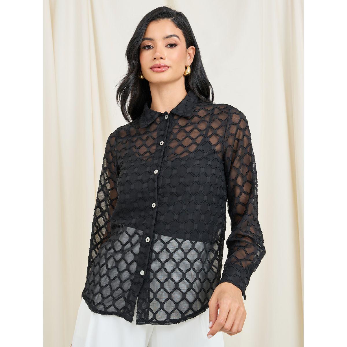 Styli Sheer Jacquard Detail Shirt with Long Sleeves-women-clothing-shirtsandblouses-shirts-image-1