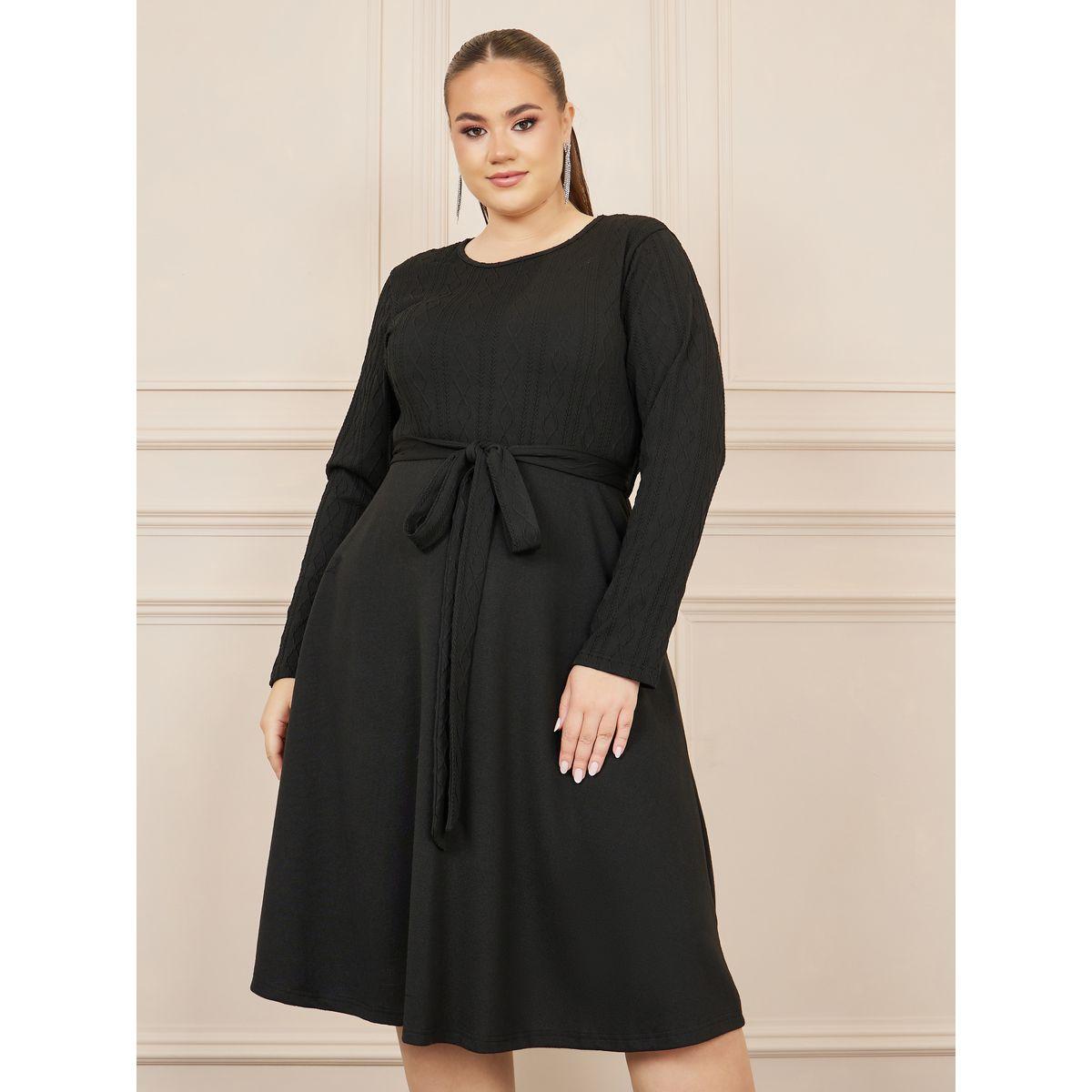Styli Plus Knit Textured Self Tie Up A-Line Midi Dress-women-clothing-dresses-image-1