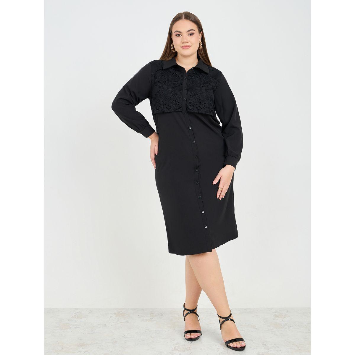 Styli Plus Lace Detail Shirt Midi Dress-women-clothing-dresses-image-1