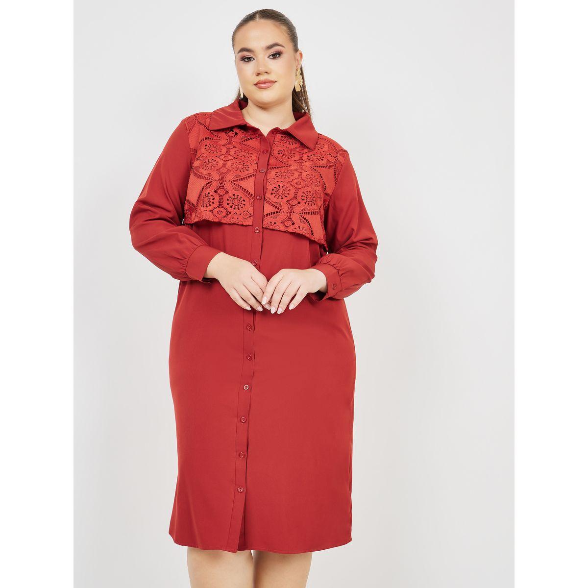 Styli Plus Lace Detail Shirt Midi Dress-women-clothing-dresses-image-1