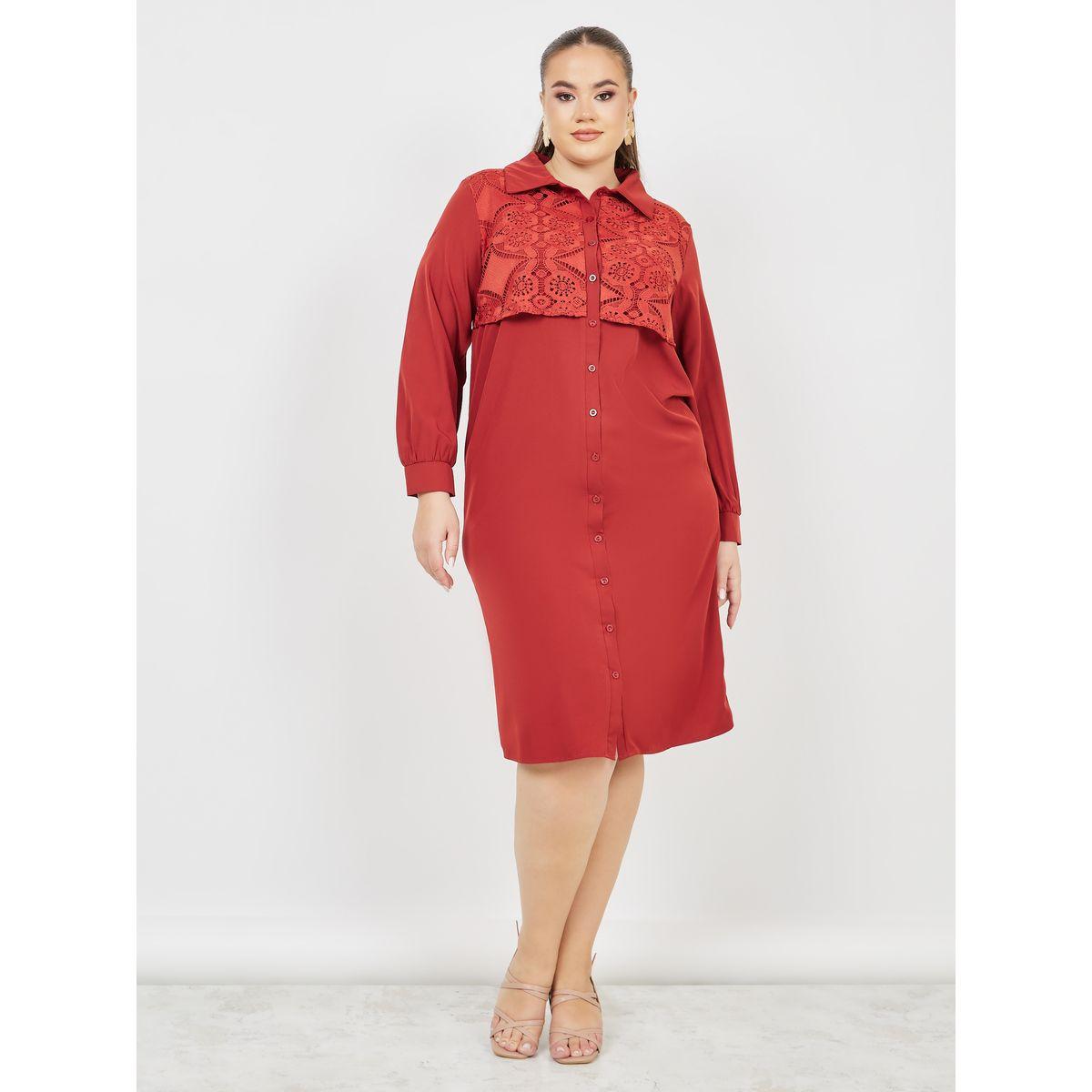 Styli Plus Lace Detail Shirt Midi Dress-women-clothing-dresses-image-2