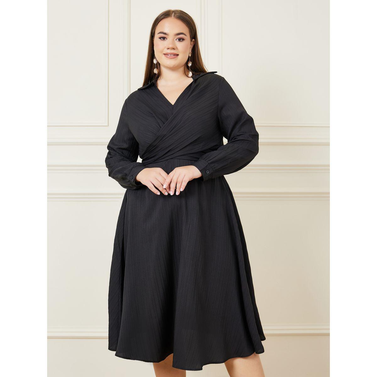 Styli Plus Textured Collared Back Tie Up A-line Midi Dress-women-clothing-dresses-image-1