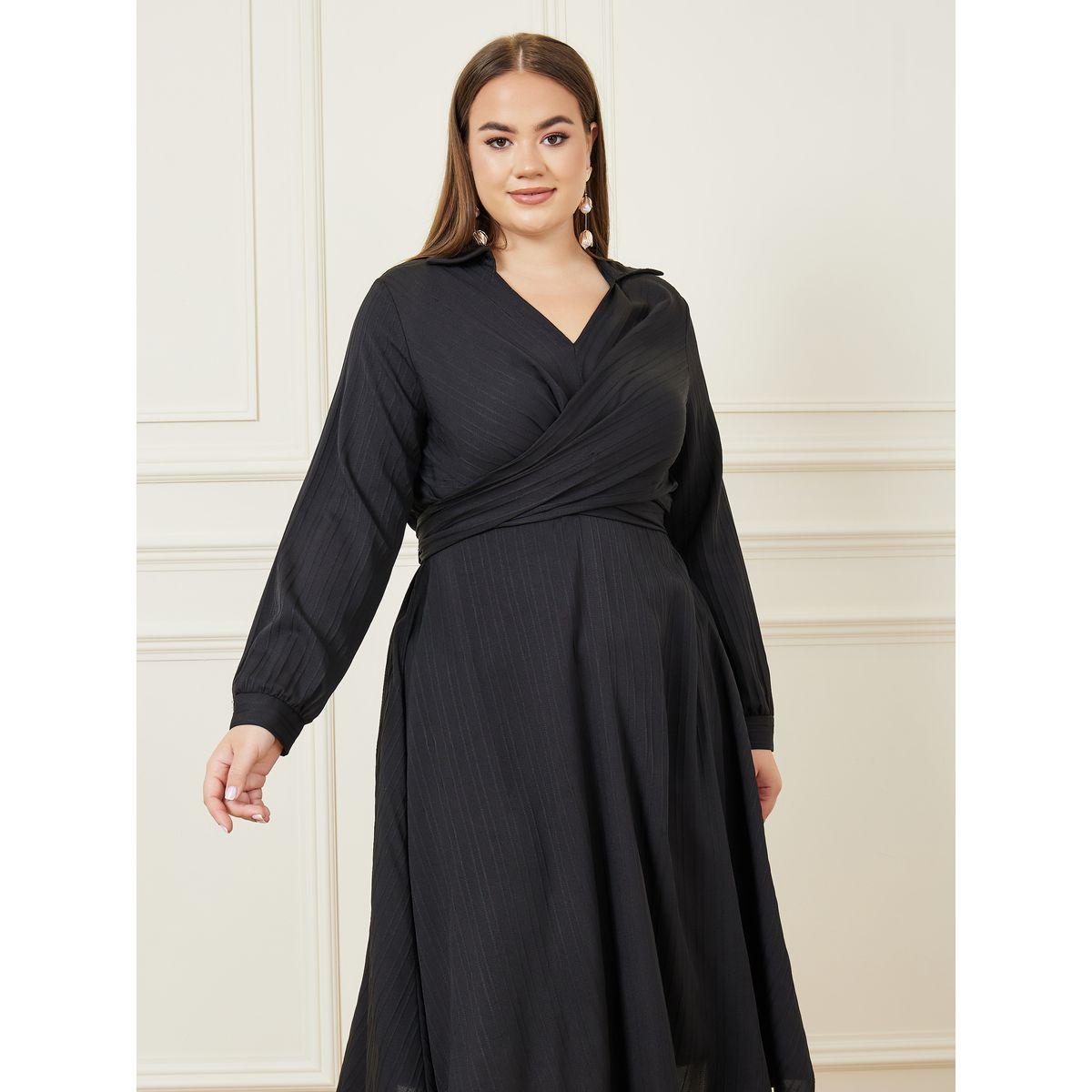 Styli Plus Textured Collared Back Tie Up A-line Midi Dress-women-clothing-dresses-image-3
