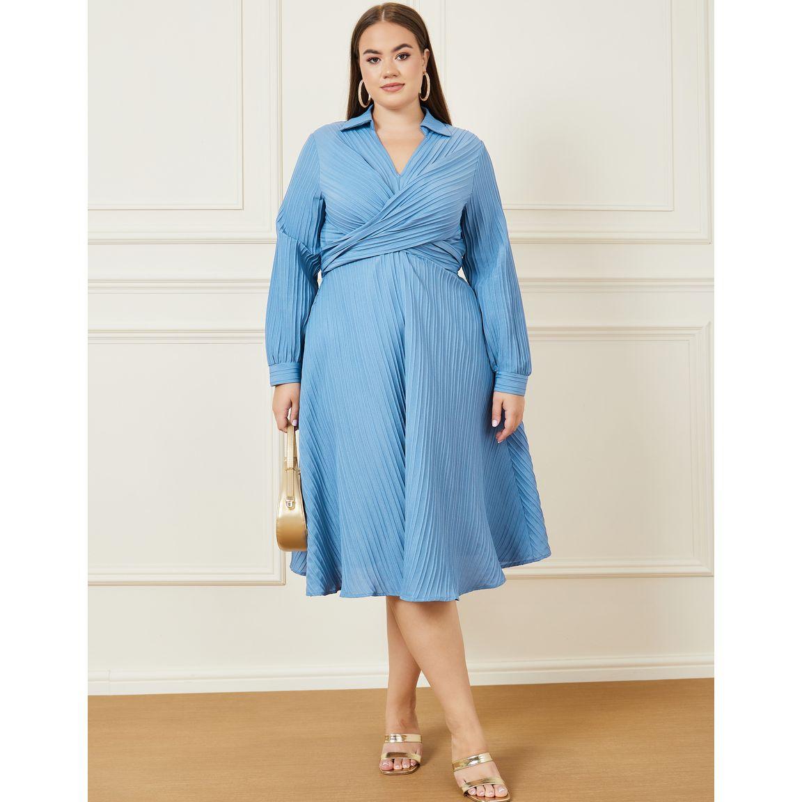 Styli Plus Textured Collared Back Tie Up A-line Midi Dress-women-clothing-dresses-image-1