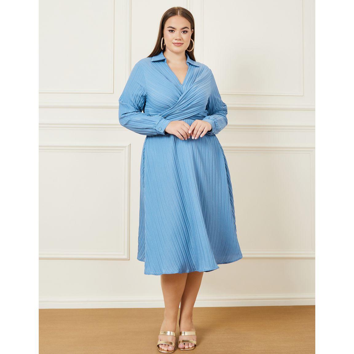 Styli Plus Textured Collared Back Tie Up A-line Midi Dress-women-clothing-dresses-image-2