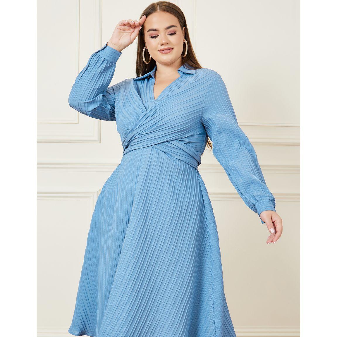 Styli Plus Textured Collared Back Tie Up A-line Midi Dress-women-clothing-dresses-image-3
