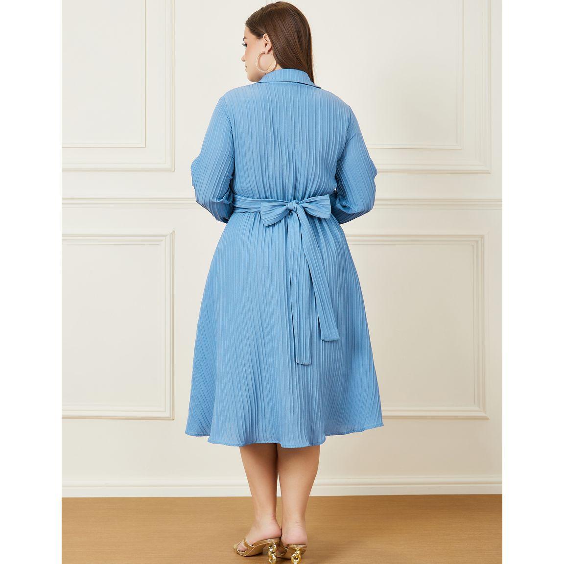 Styli Plus Textured Collared Back Tie Up A-line Midi Dress-women-clothing-dresses-image-5