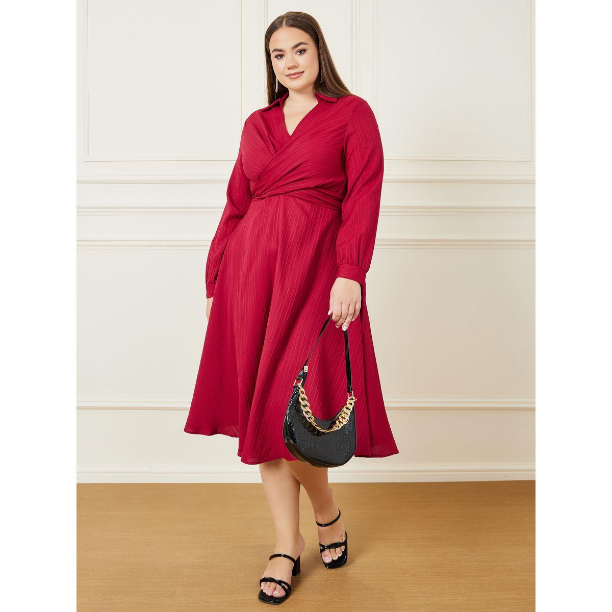 Styli Plus Textured Collared Back Tie Up A-line Midi Dress-women-clothing-dresses-image-1