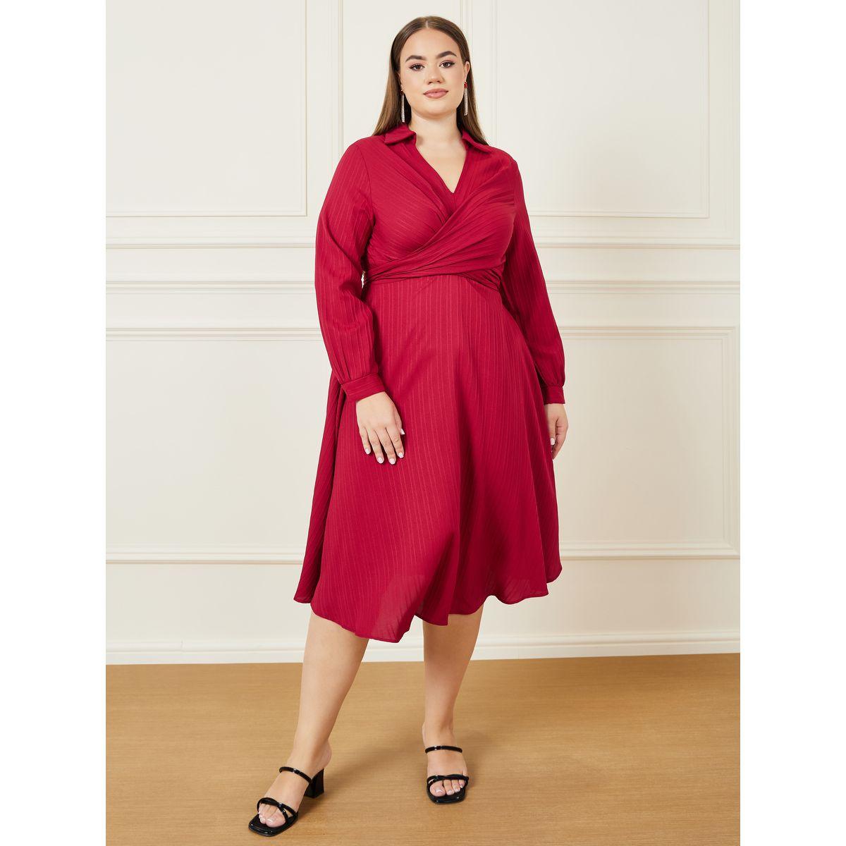 Styli Plus Textured Collared Back Tie Up A-line Midi Dress-women-clothing-dresses-image-2